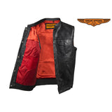 Mens Motorcycle Club Leather Vest With Red Liner & Gun Pocket