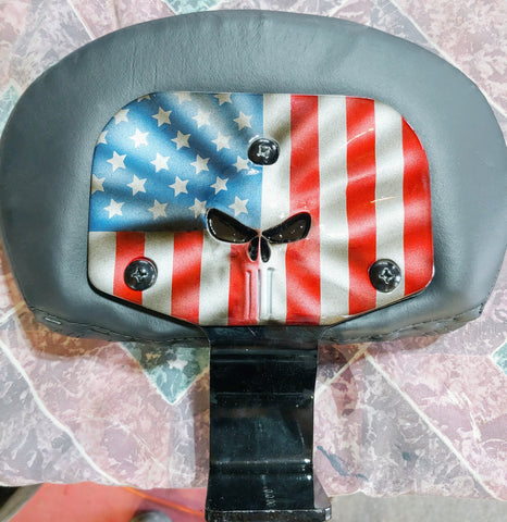 Custom Harley backrest plate with punisher stretching through