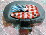 Custom Harley backrest plate with punisher stretching through
