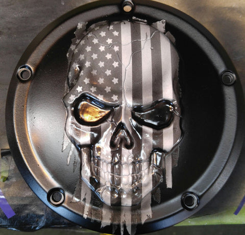 Harley Davidson American flag skull with Black and White theme and flat wrinkled black background