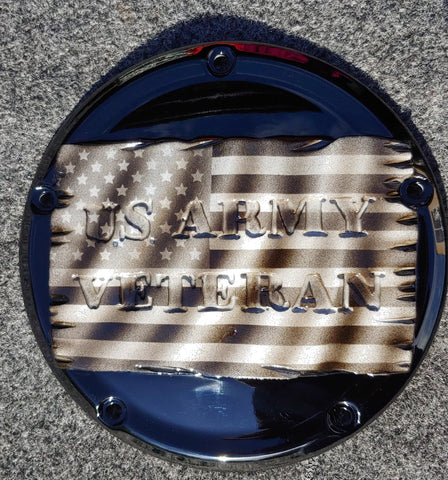 Tattered American Flag with US Army Veteran Harley derby cover