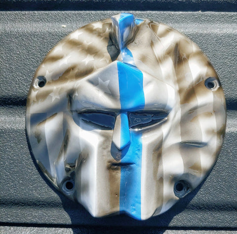 Spartan stretching through Thin Blue Line Flag Harley derby cover