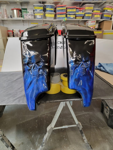 3D skulls stretching through stretched bags