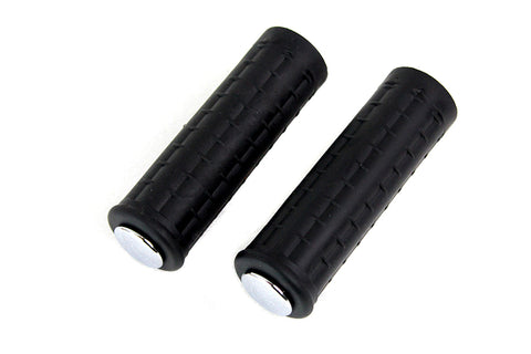 Replica Black Waffle Handlebar Grip Set with Chrome Plugs - V-Twin Mfg.