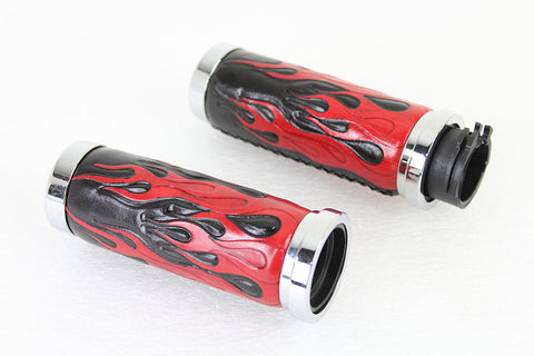 Red Flame Style Grip Set with Chrome Ends - V-Twin Mfg.