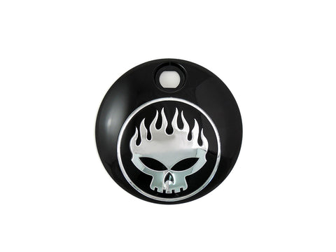Black with Chrome Flame Skull FLT Fuel Tank Console Door - V-Twin Mfg.