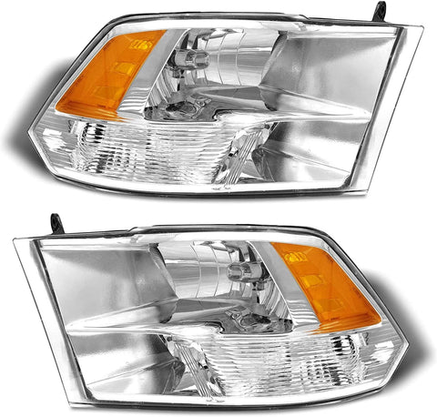 2009-2018 Dodge Ram Headlight Assembly Compatible with Ram 1500 / Ram 2500 3500 / 2010-2018 / Ram 2500 3500 / 2019-2021 Ram 1500 Classic, Chrome Housing Amber Reflector Replacement