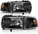 Autosaver88 Headlight Assembly Compatible With 1994 1996 1997 1998 1999 2000 2001 2002 Dodge Ram 15002002 Pickup 2500 3500 Black Housing Amber Reflector Corner Lights