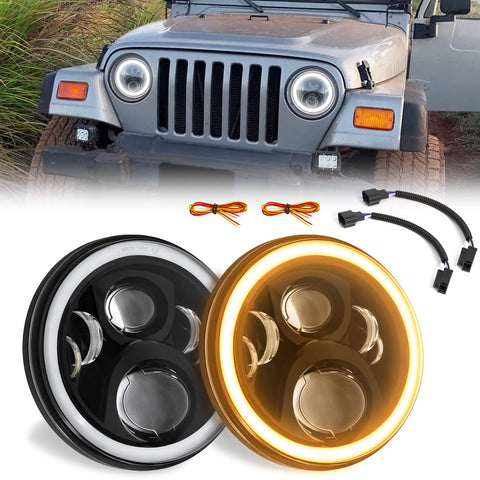 Haitzu 7 Inch LED Round Black Hilo Sealed Beam Headlight Dot Approved Compatible With Jeep Wrangler Jk Hummer H1 H2halo Amber Turn Light Drl H6024 Replacementincluded H4h13 Adaptor 2 Pcs