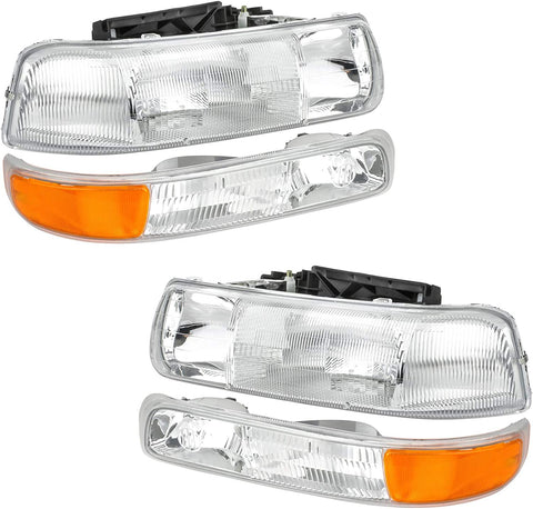 A&P 4PC Chrome Headlight Assembly Clear Lens for Chevy 00-06 Tahoe Suburban 1500 2500/99-02 Silverado 1500 2500/01-02 Silverado 1500HD 2500HD 3500