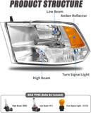 2009-2018 Dodge Ram Headlight Assembly Compatible with Ram 1500 / Ram 2500 3500 / 2010-2018 / Ram 2500 3500 / 2019-2021 Ram 1500 Classic, Chrome Housing Amber Reflector Replacement