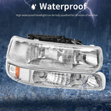 Autosaver88 Headlight Assembly Compatible With 9902 Chevy Silverado 1500 25000102 1500hd 2500hd 35000006 Tahoe Suburban 2500 Headlamp Bumper Lights Chrome Housing Amber Reflector