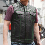 Downside Men's Motorcycle Leather Vest Orange and Green