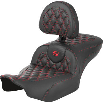 SADDLEMEN RoadSofa™ Seat - with Backrest - Carbon Fiber - Lattice Stitch - Red Stitch - FLTR/FLHX '23-'24 823-07-206B4