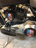 3D Skull with American flag gloss black background Harley Derby Cover
