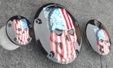 Harley Points, Derby cover and fuel door set with Skull with American flag gloss black background