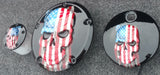 Harley Points, Derby cover and fuel door set with Skull with American flag gloss black background