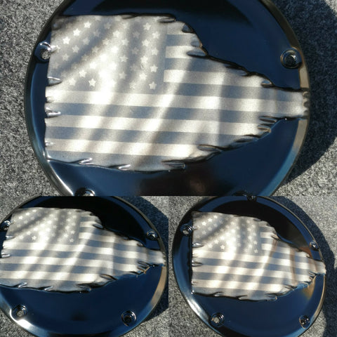 Tattered American Flag  Harley derby cover denim finish