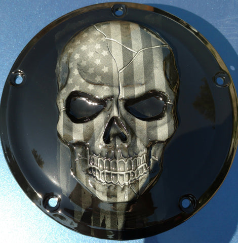 Harley American flag skull with ghosted Black and White and Vivid black background