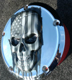 3D skull with tattered American flag Chrome Harley Derby Cover