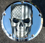 3D skull with tattered American flag Chrome Harley Derby Cover