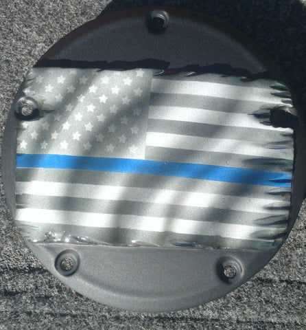3D tattered Thin Blue Line Harley derby cover flat background