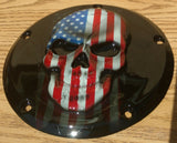 3D Skull with American flag gloss black background Harley Derby Cover