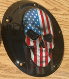 3D Skull with American flag gloss black background Harley Derby Cover