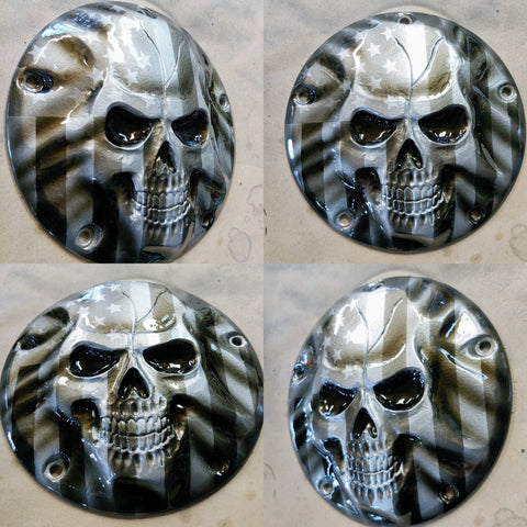 Stretching Skull with American flag Harley derby cover