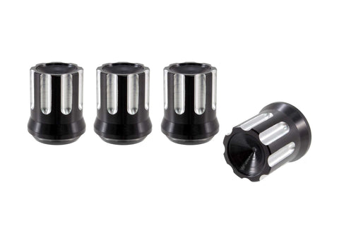 TUNER MACHINED CUTS LUG NUT CAPS CNC MACHINED BILLET ALUMINUM, BLACK AND RED OR BLACK AND SILVER / DIAMETER: 20MM LENGTH: 30MM PART # LGC055