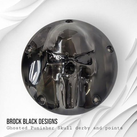 GHOSTED Punisher skull stretching through flag Harley derby and points cover