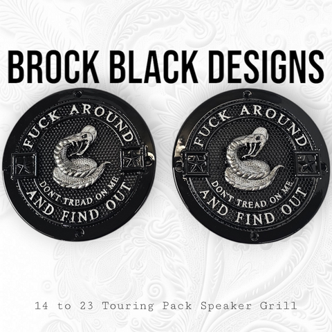 A set of Don't Tread on Me 14-23 Harley Davidson Touring Pack Speaker Grill Cover Guard