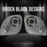 98 to 23 Road Glide webbed skull with Diamond horn speakers grill covers set
