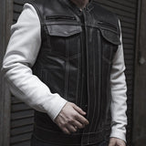 Vincent Men's Cafe Style Leather Jacket Black and White