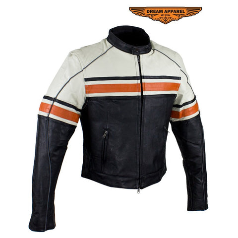 Women's Leather Racer Jacket With Upper Half Cream & Orange Stripe Accross Chest