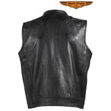 Mens Motorcycle Club Leather Vest With Red Liner & Gun Pocket
